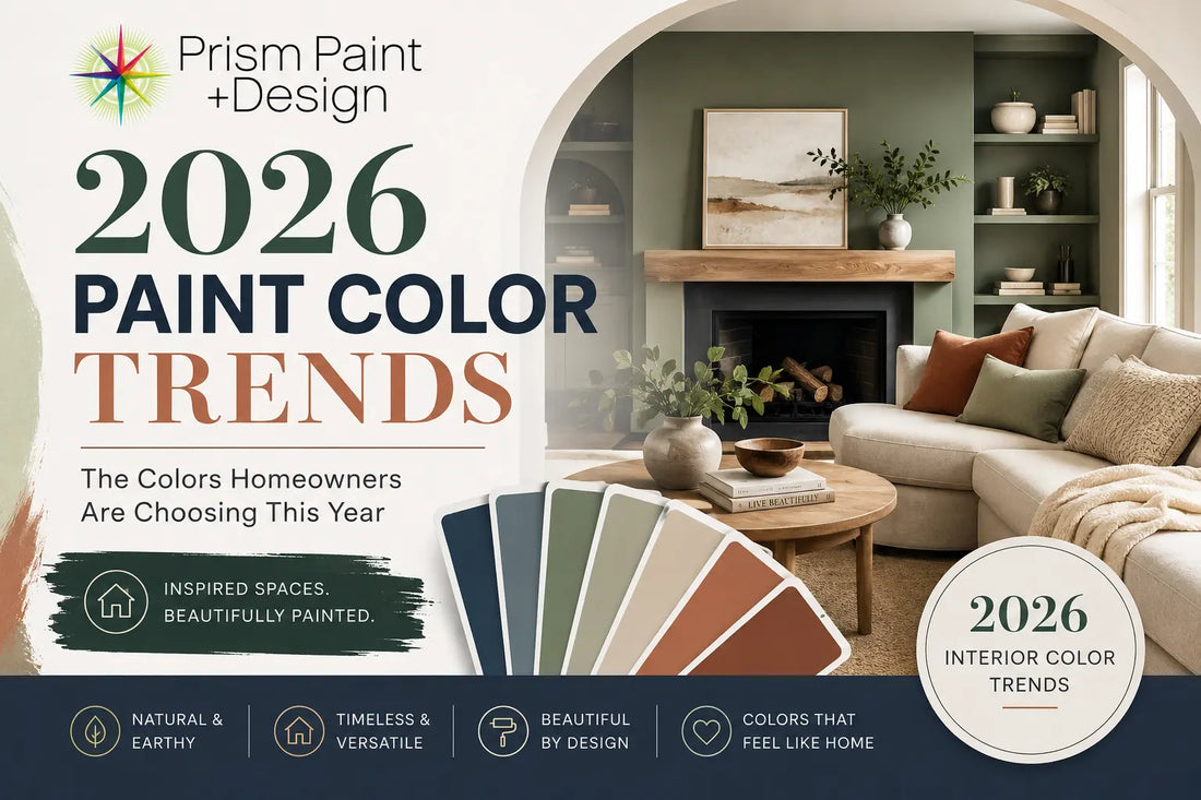 Prism Paint + Design featured image showcasing 2026 paint color trends, with a stylish living room in earthy green, warm brown, terracotta, beige, and neutral tones alongside paint color swatches.