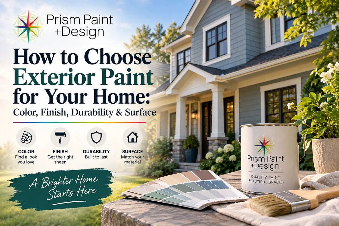 Prism Paint + Design exterior paint guide featuring a painted home, exterior paint colors, paint swatches, and tools for choosing the right finish and durable surface coating.