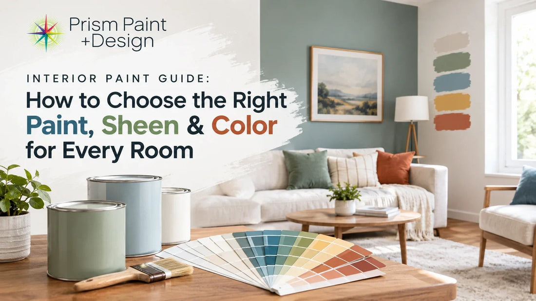 Prism Paint + Design interior paint guide featuring a stylish living room, paint cans, color swatches, and guidance on choosing the right paint, sheen, and color for every room.