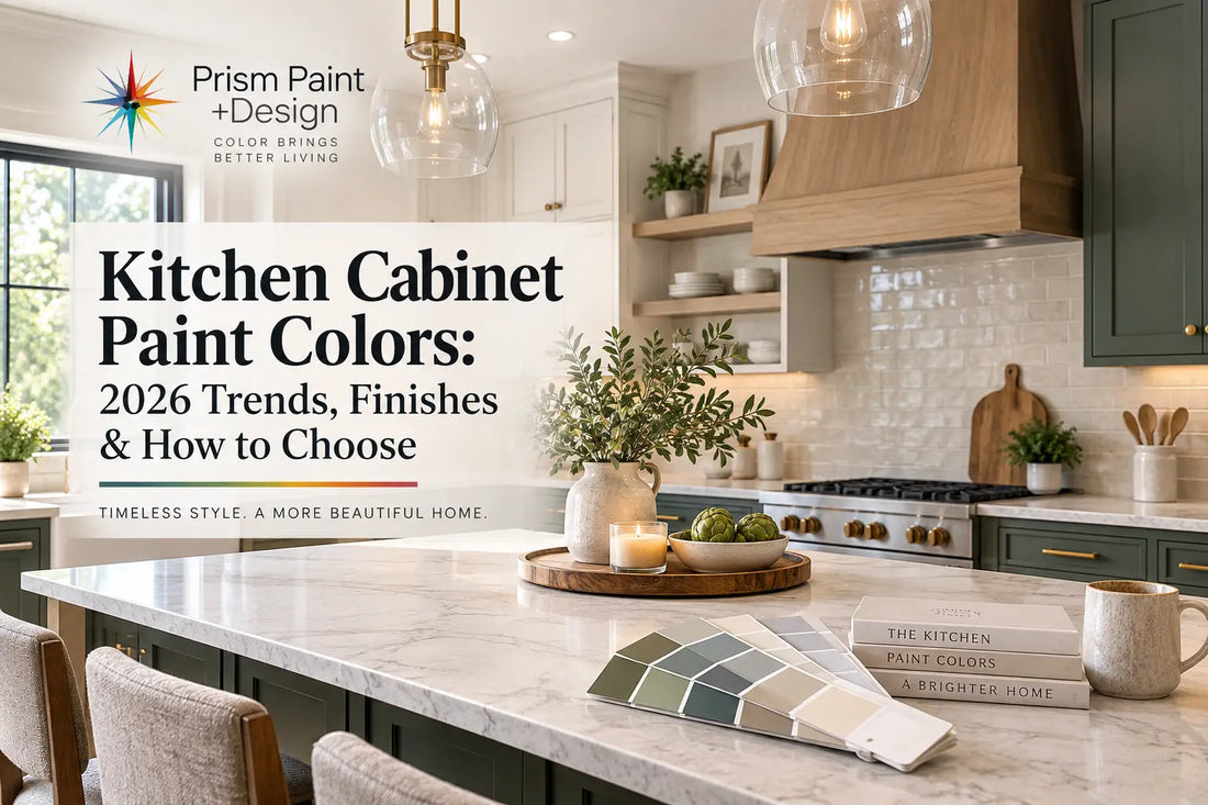 Prism Paint + Design kitchen featuring trending 2026 cabinet paint colors, including warm white and deep green cabinetry, paint color swatches, marble countertops, and brass hardware.