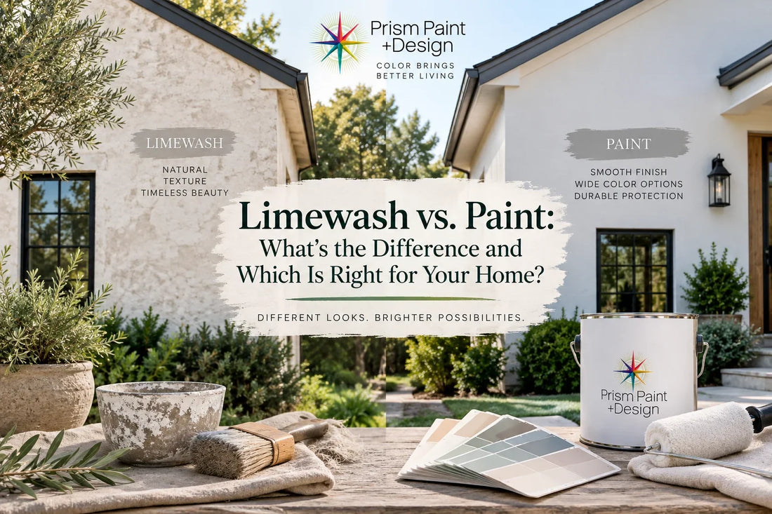 Prism Paint + Design limewash vs paint guide featuring two home exteriors, limewashed masonry, paint swatches, and painting tools.