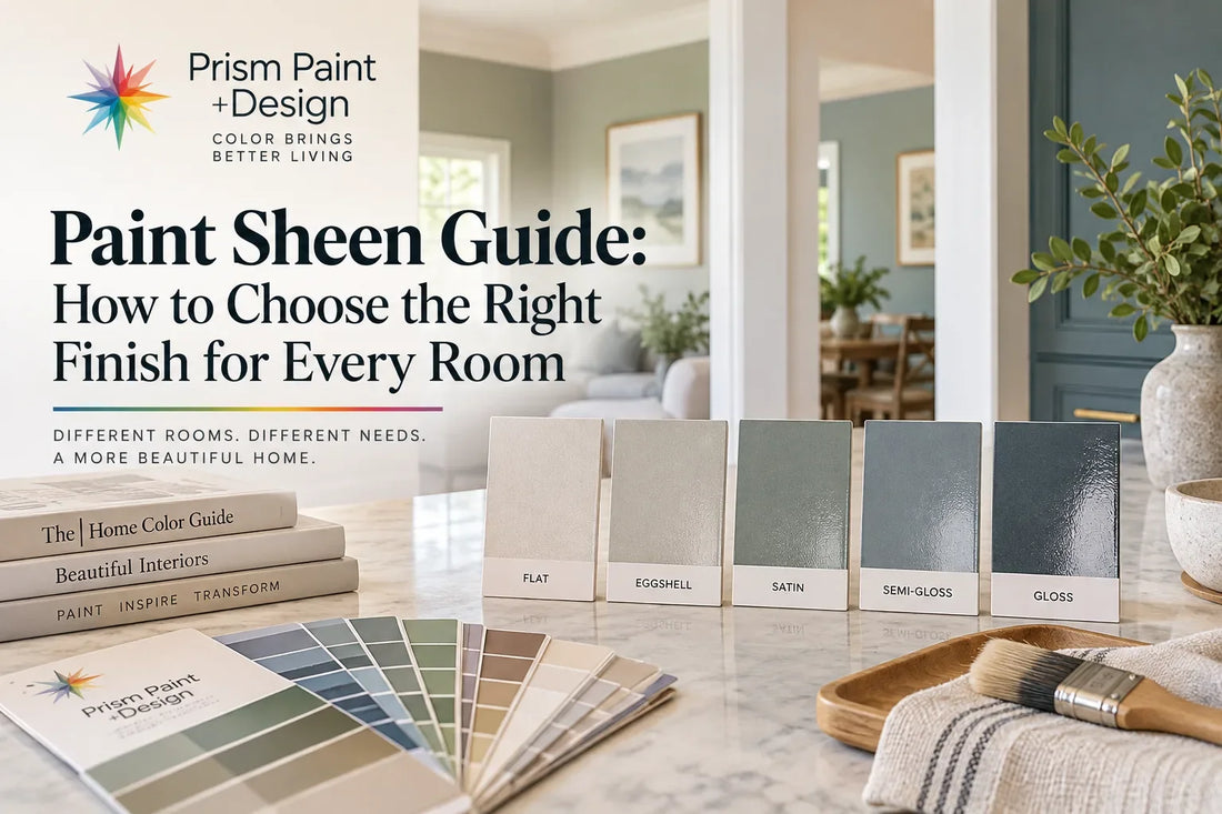 Prism Paint + Design paint sheen guide featuring flat, eggshell, satin, semi-gloss, and gloss finishes with paint color swatches and an interior home setting.