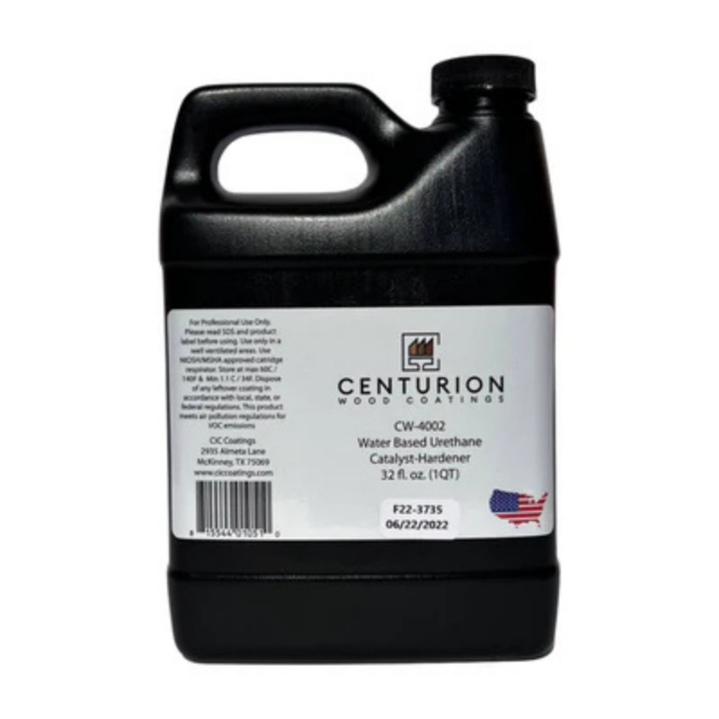 Centurion CW-4002 water-based urethane catalyst-hardener in a 32-ounce container for professional wood coating applications